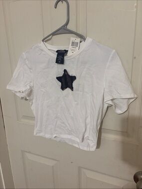 White Crop Tee with Black Star Patch